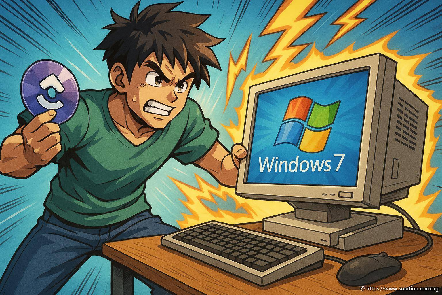 Homme frustré devant ordinateur Windows 7