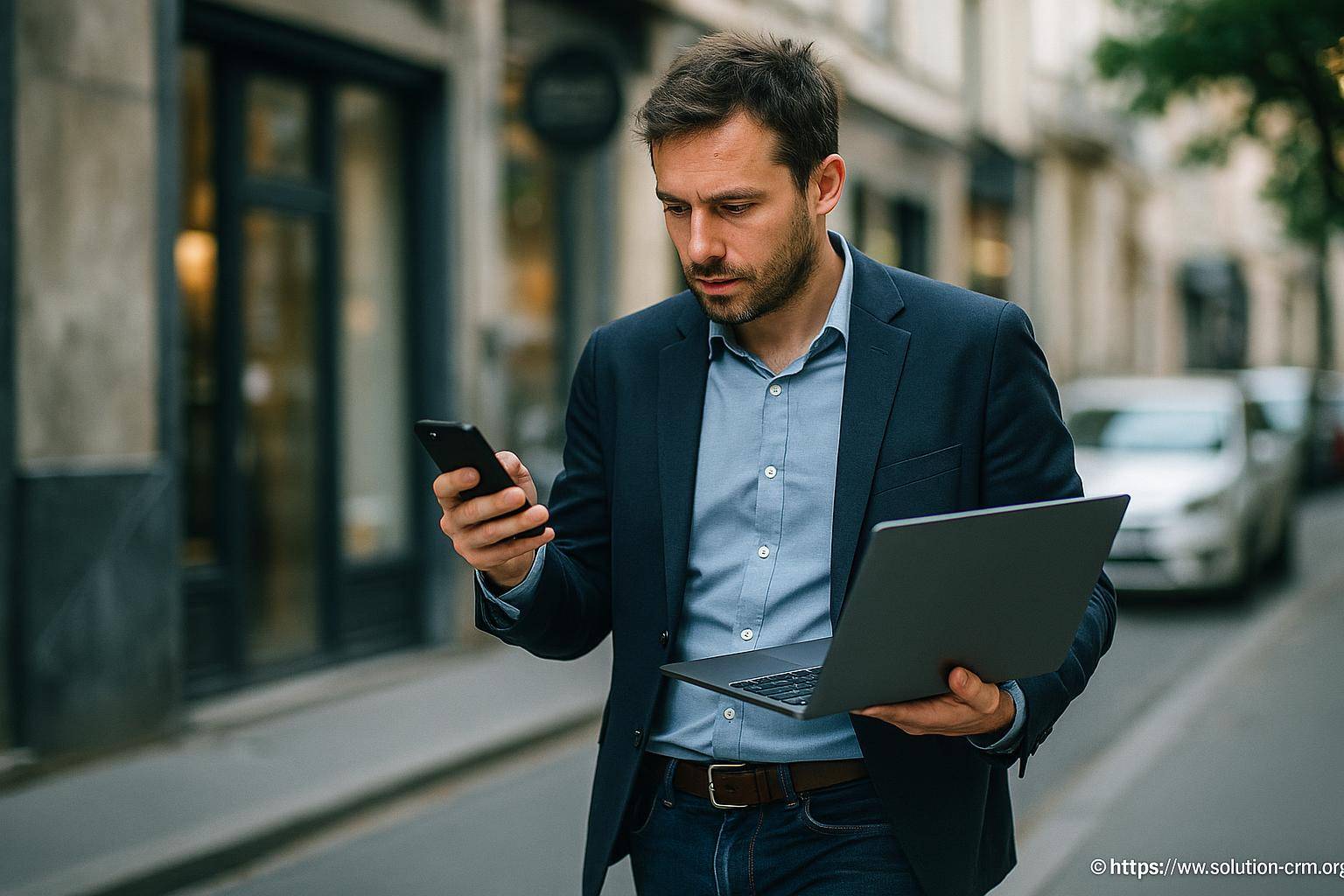 Homme d'affaires consultant smartphone et ordinateur
