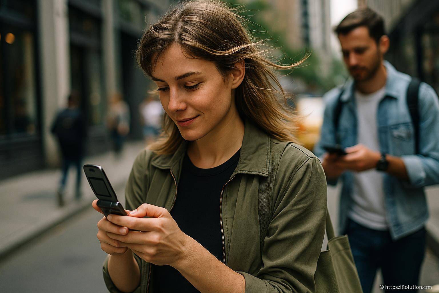 femme utilisant un téléphone à clapet en ville