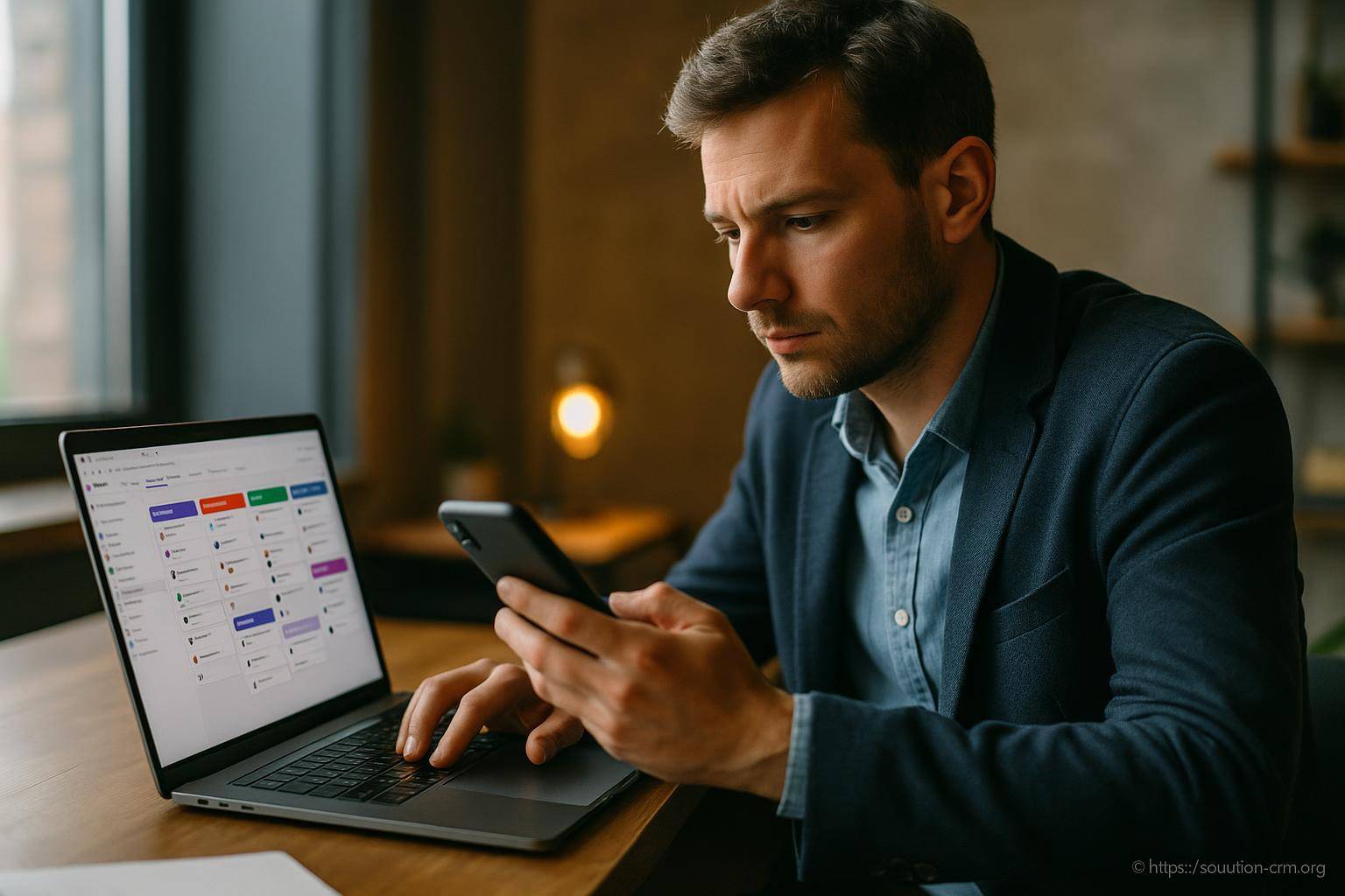 Homme concentré utilisant smartphone et ordinateur
