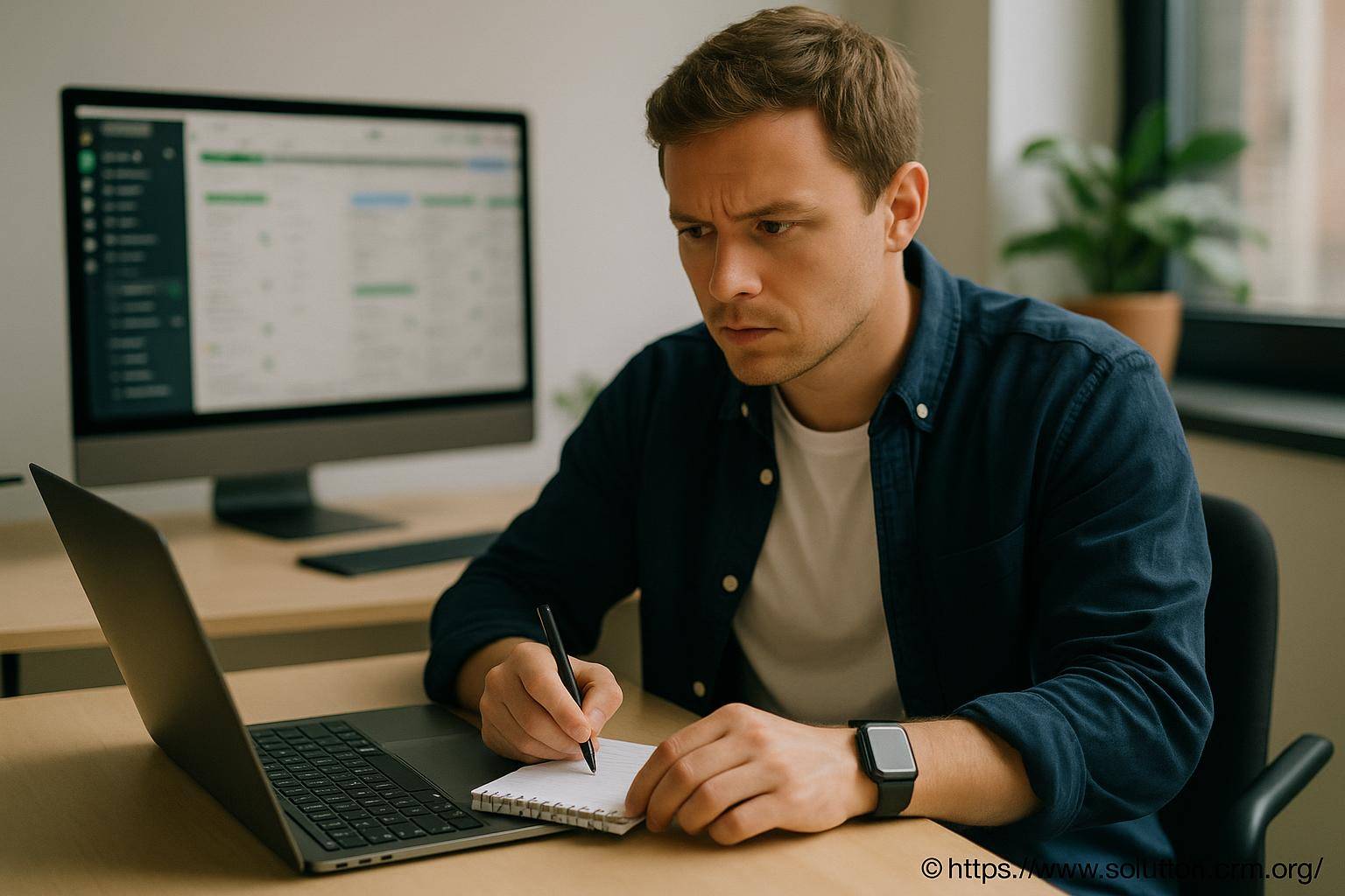 Homme concentré prenant des notes devant ordinateur