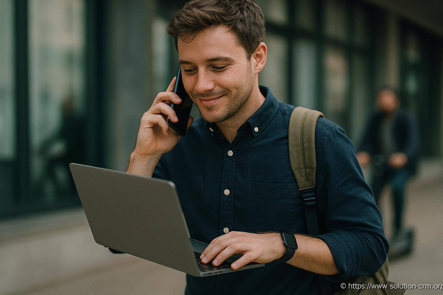 jeune homme utilisant smartphone et ordinateur portable