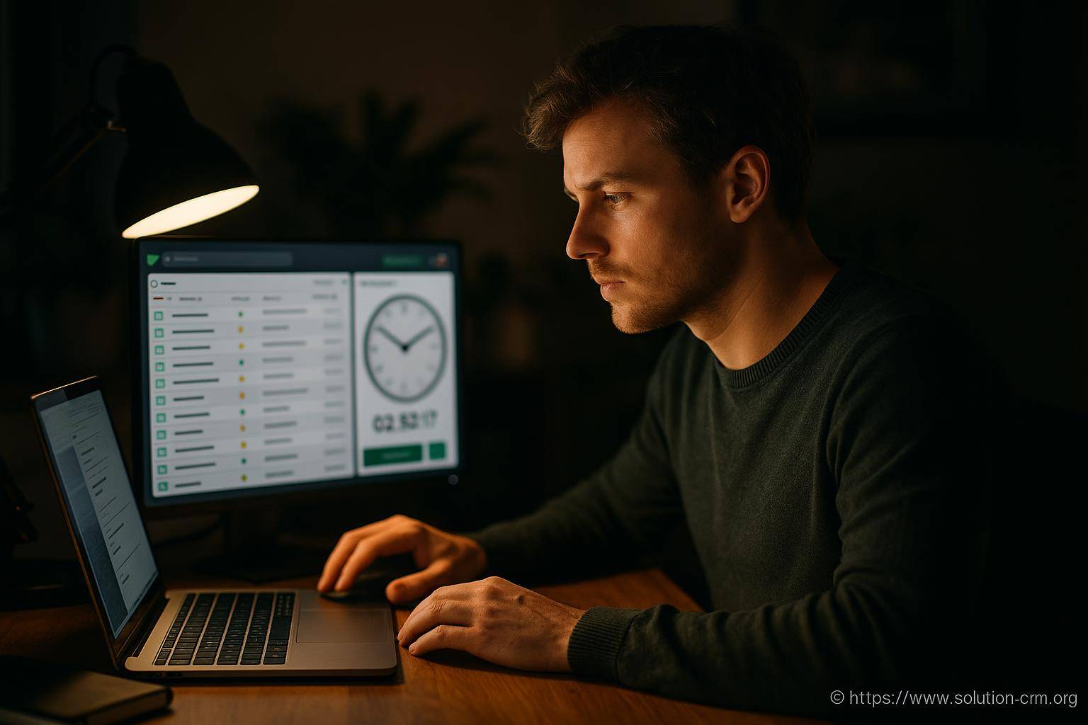 Homme travaillant tard sur ordinateur portable