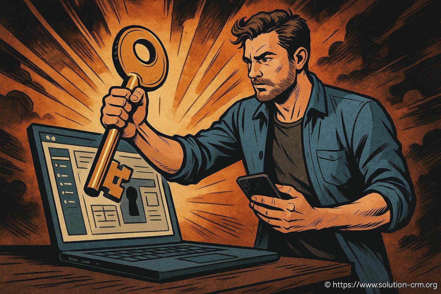 Homme tenant une clé géante devant un ordinateur