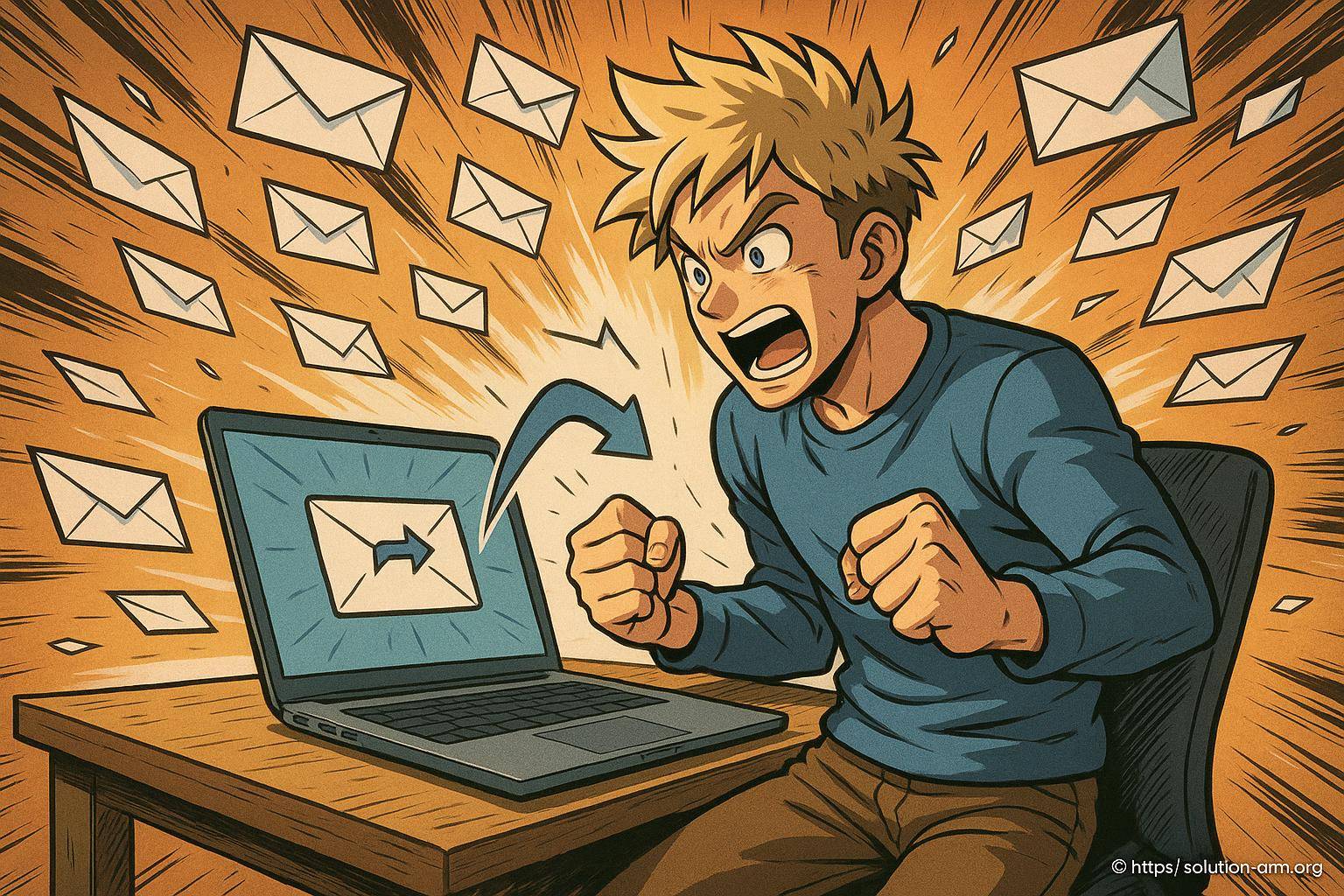 Homme frustré devant ordinateur submergé emails