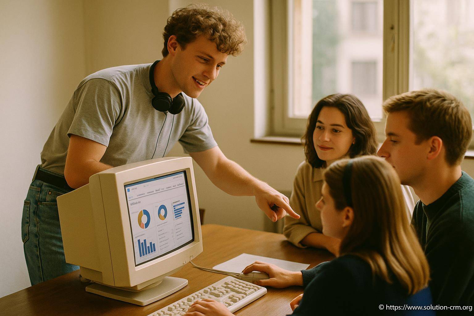Jeunes analysant des graphiques sur un ordinateur vintage
