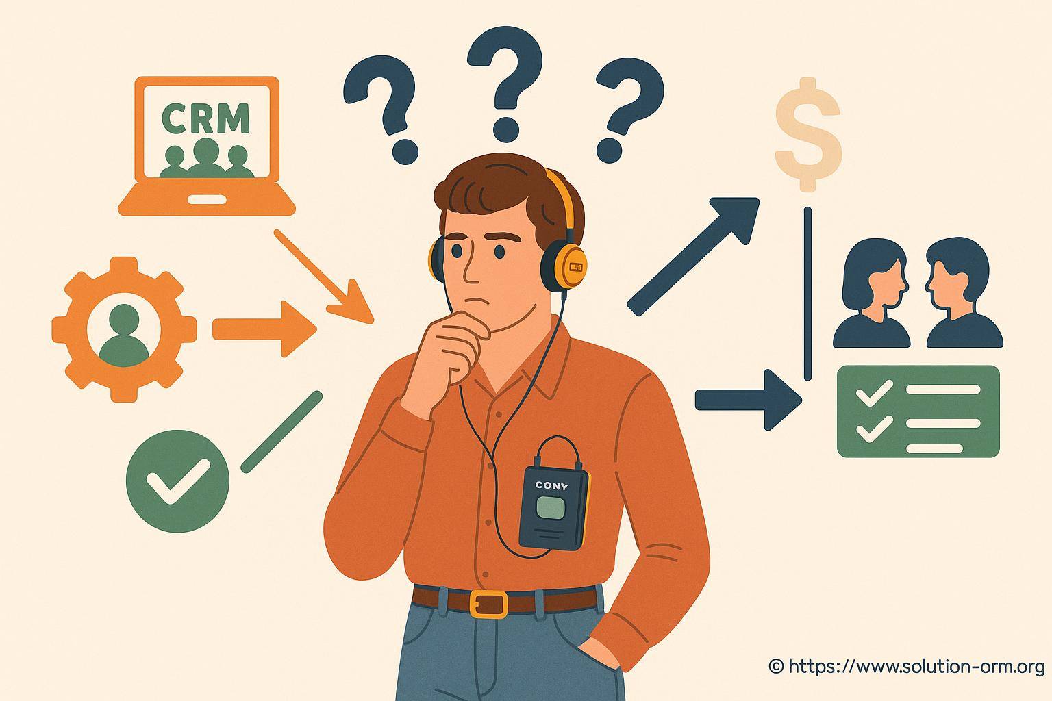 Homme pensif avec écouteurs et icônes CRM