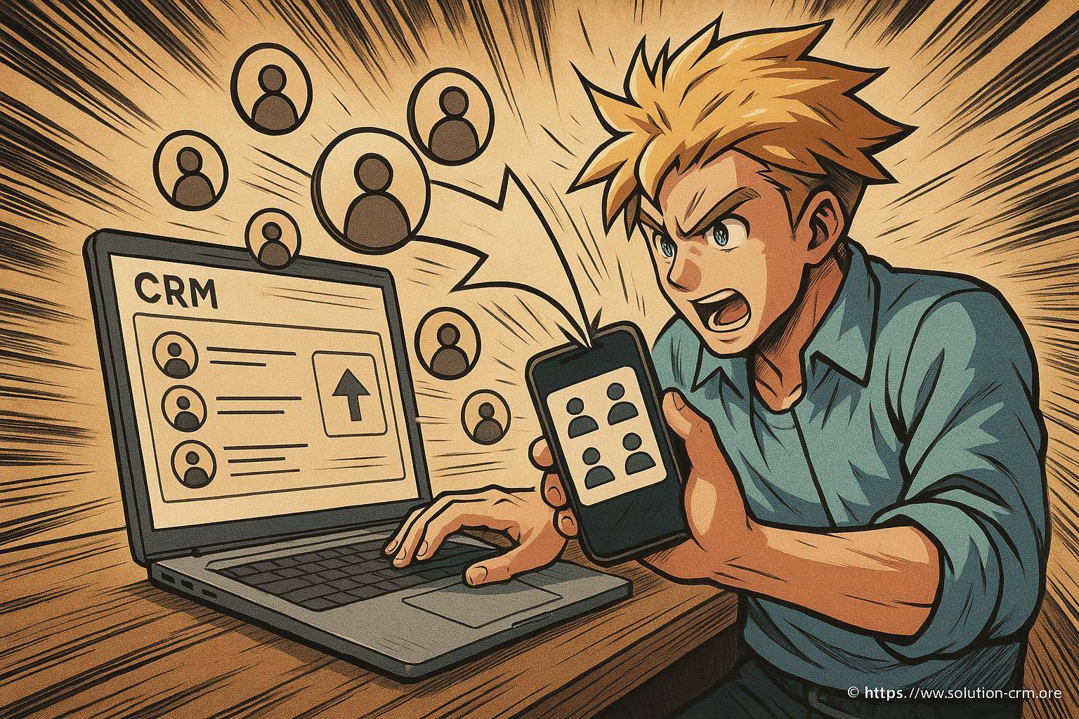 Homme utilisant CRM sur ordinateur et smartphone