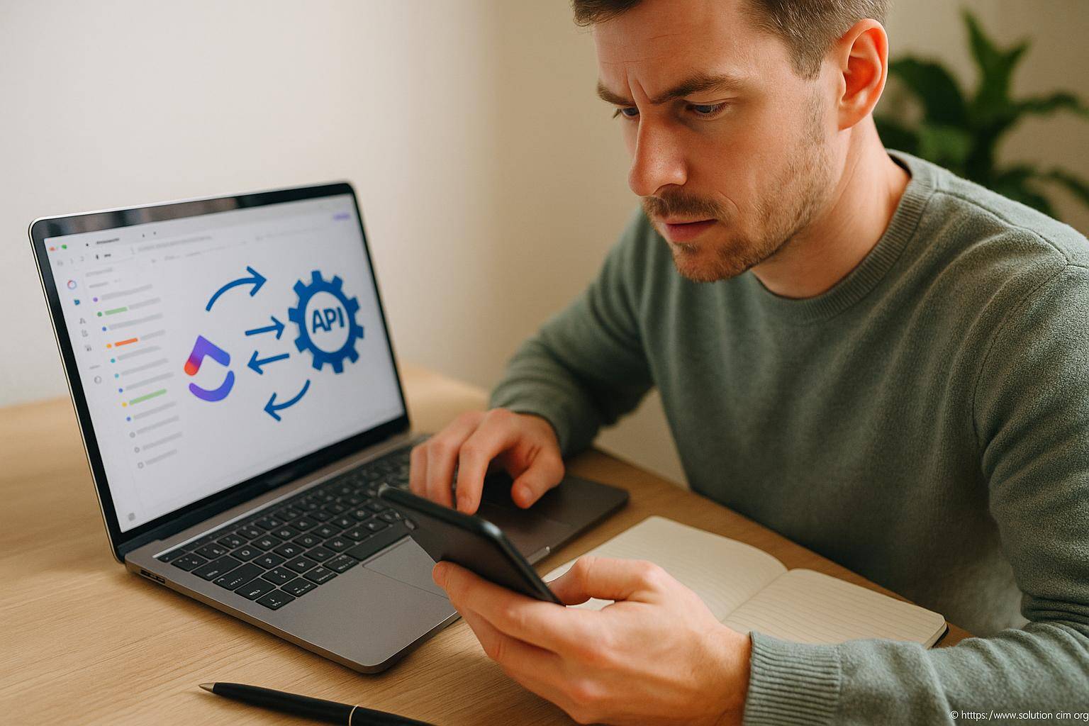 Homme travaillant sur intégration API ordinateur