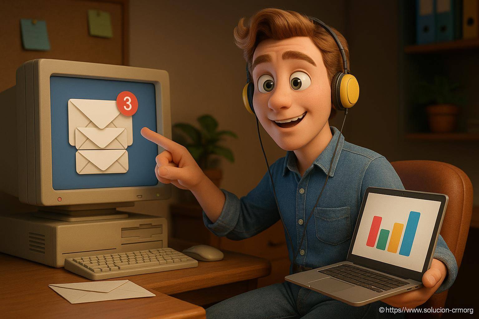 jeune homme souriant avec ordinateur et emails