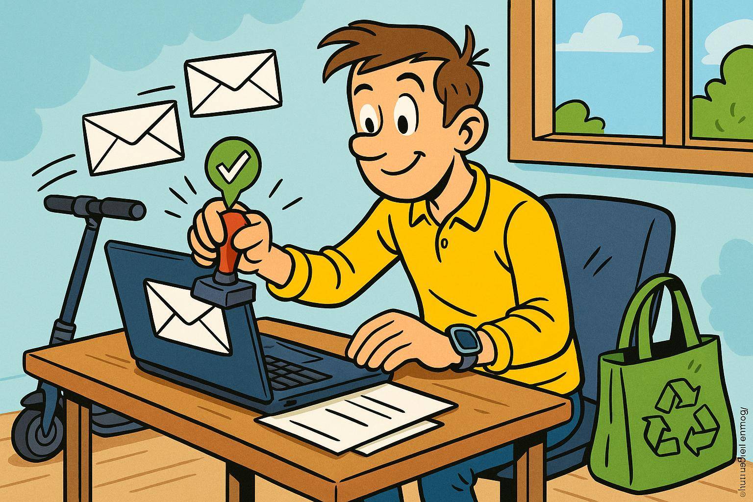 Homme validant des emails sur ordinateur