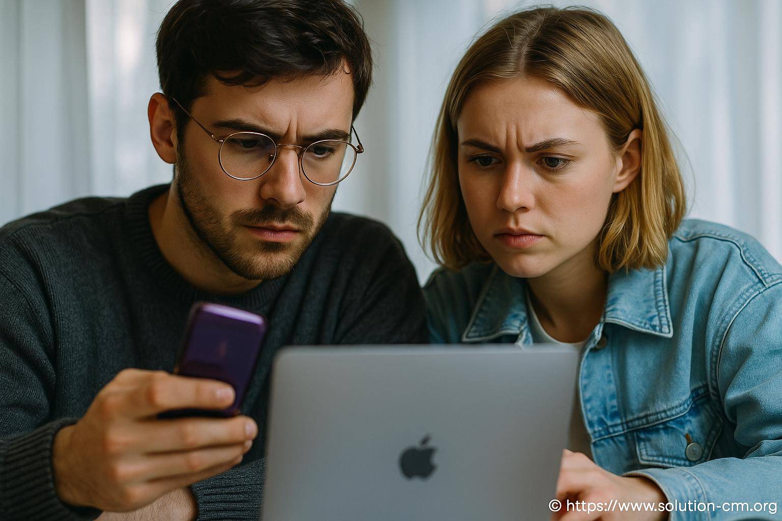 jeune couple concentré sur ordinateur et téléphone