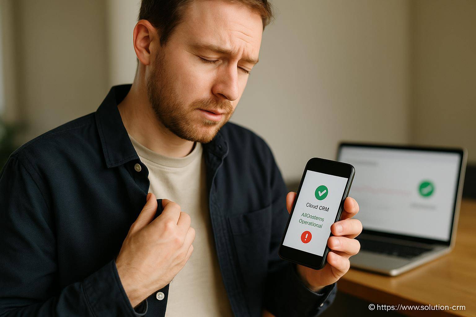 Homme stressé vérifiant statut CRM sur smartphone