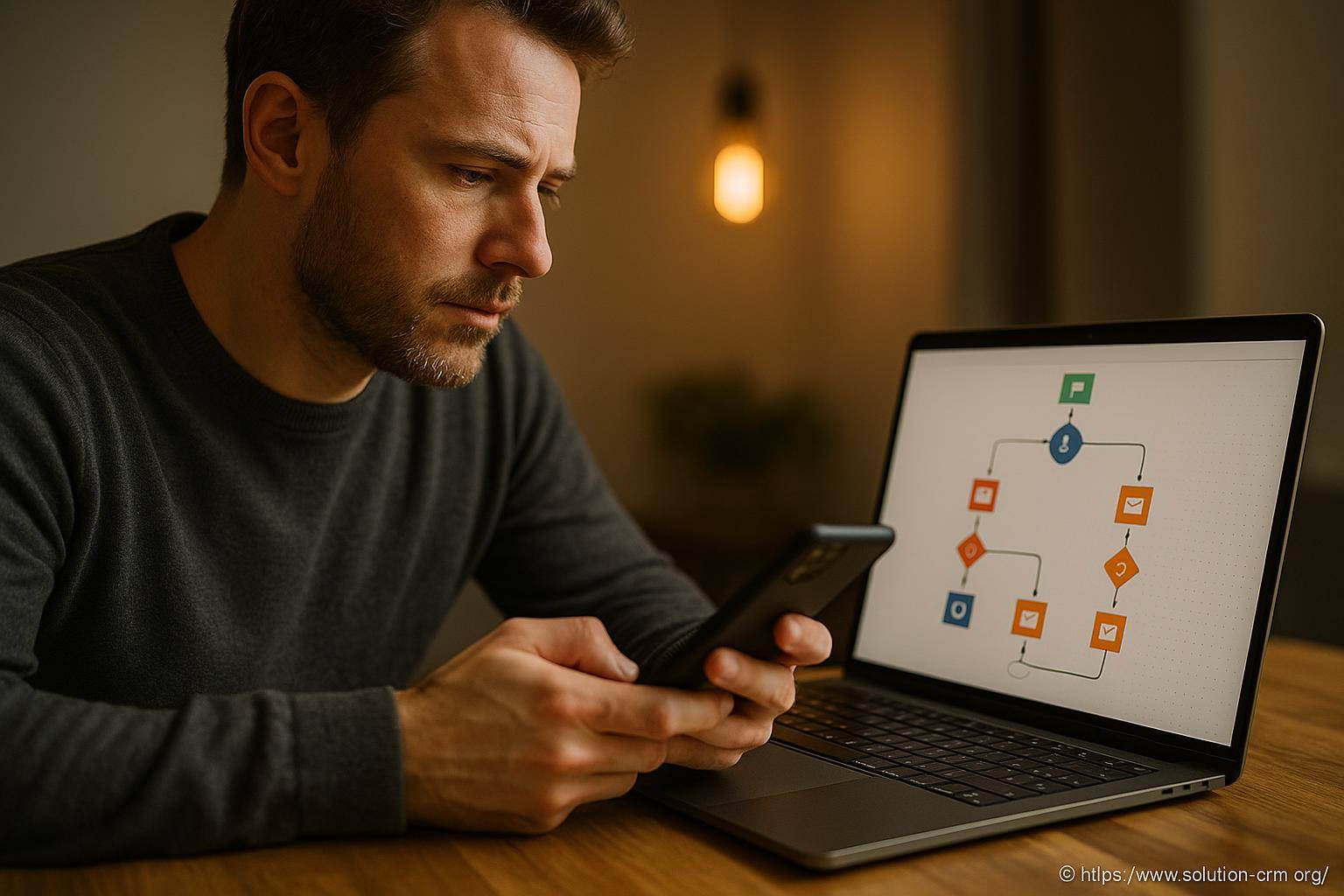 Homme concentré sur smartphone et ordinateur portable