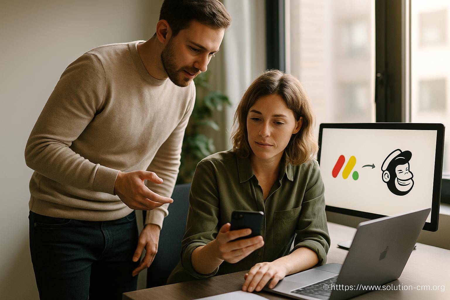 collègues discutant devant ordinateur portable