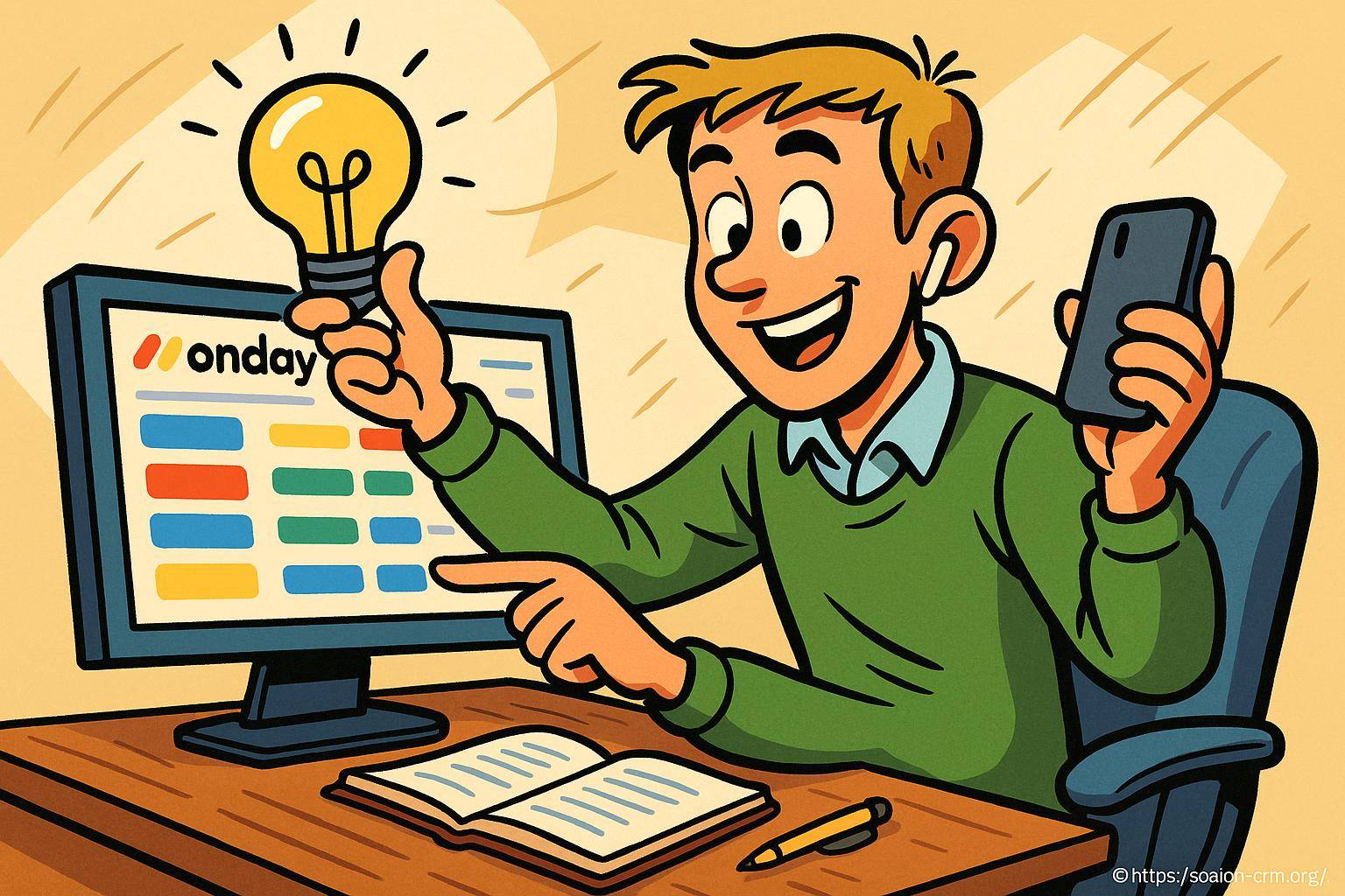 Homme souriant avec idée et ordinateur