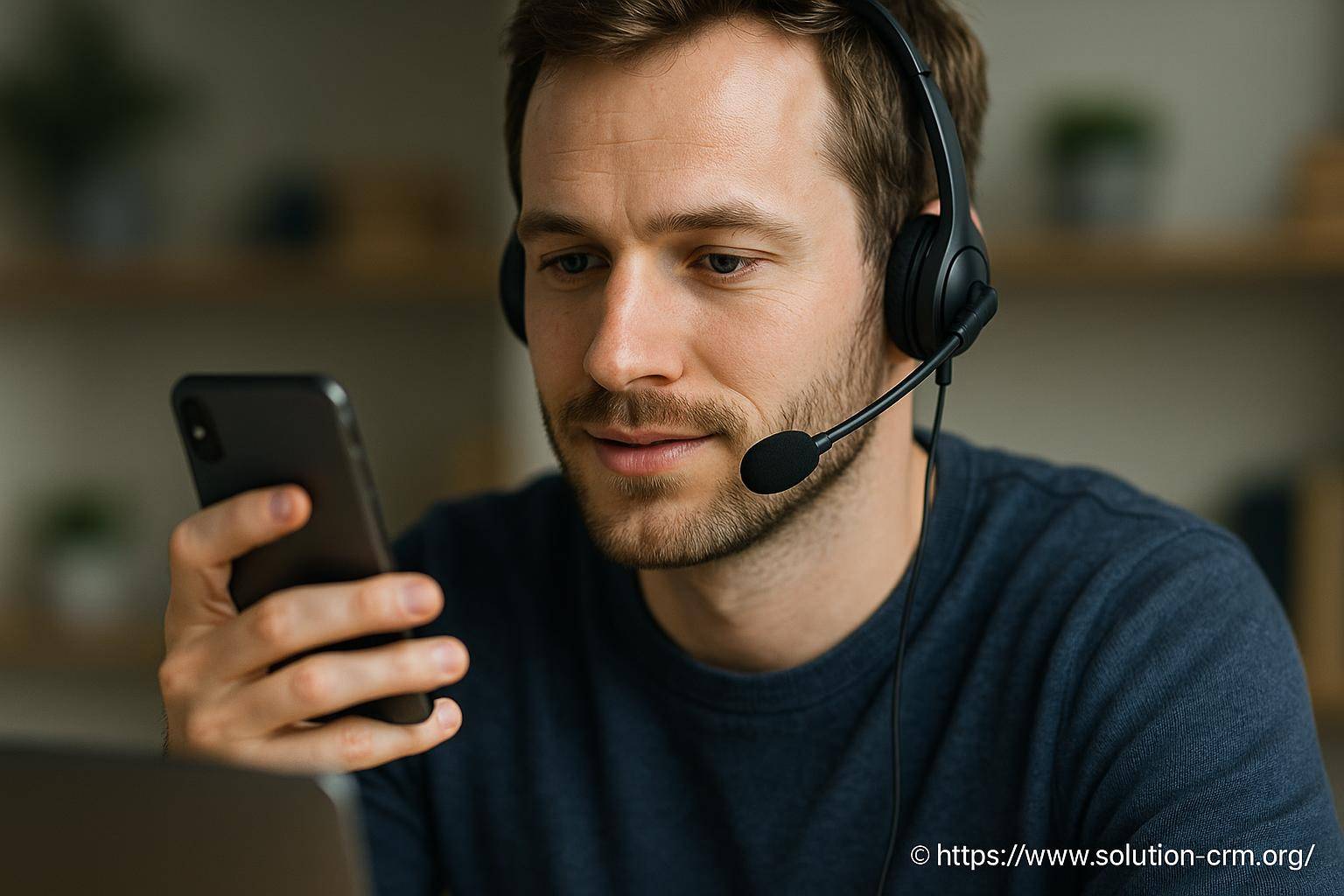 Homme avec casque micro utilisant smartphone