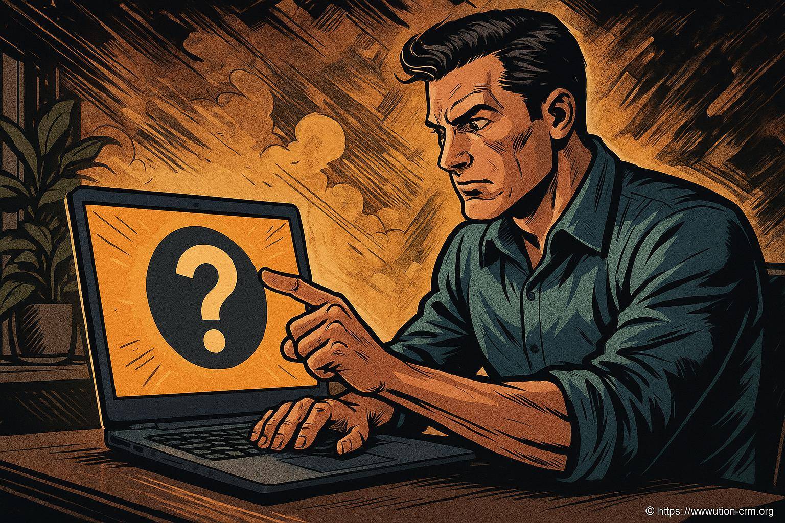 Homme concentré devant un ordinateur avec point dinterrogation