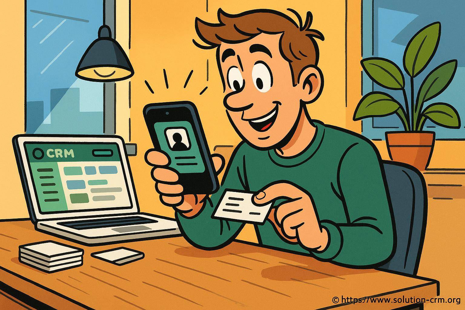 Homme scannant carte de visite smartphone