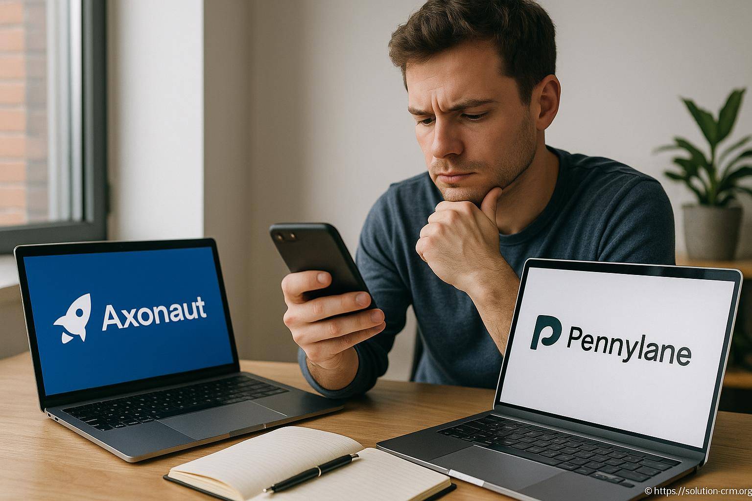 Homme réfléchissant entre deux logiciels CRM