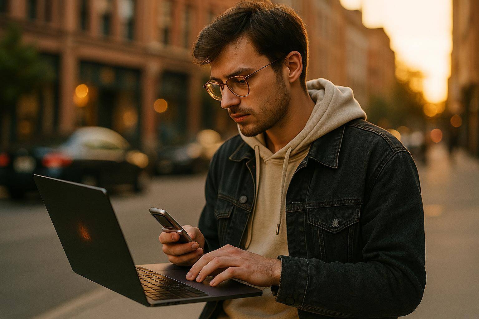 Jeune homme utilisant smartphone et ordinateur