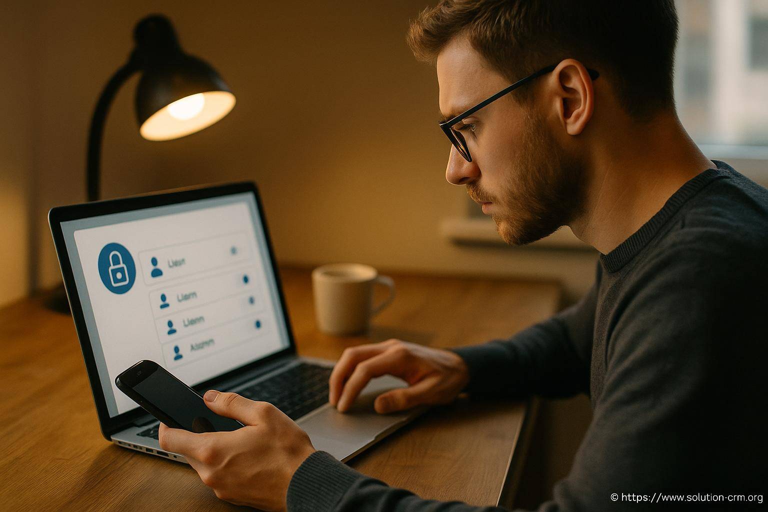 Homme utilisant smartphone et ordinateur portable